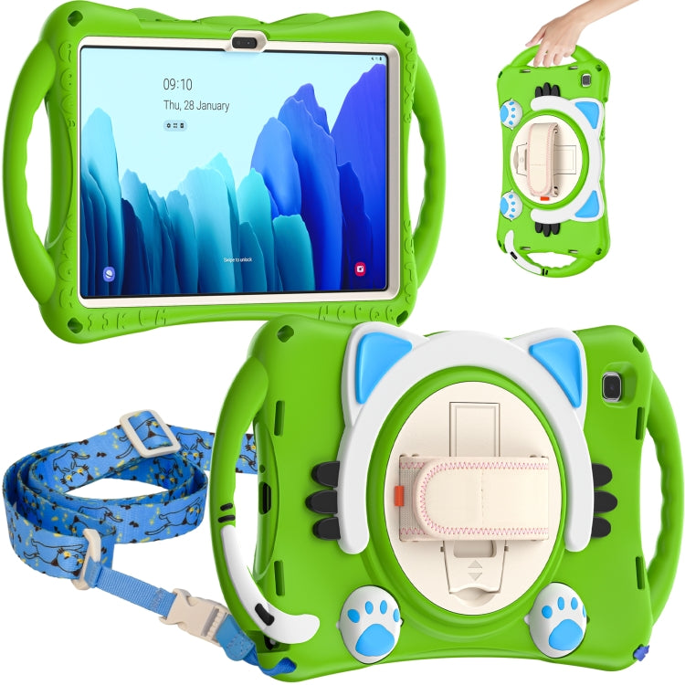 For Samsung Galaxy Tab A7 10.4 2020 SM-T500 Cute Cat King Kids Shockproof Silicone Tablet Case with Holder & Shoulder Strap & Handle(Green) - Other Galaxy Tab PC by buy2fix | Online Shopping UK | buy2fix