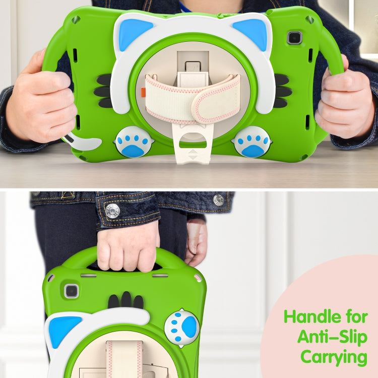 For Samsung Galaxy Tab A7 10.4 2020 SM-T500 Cute Cat King Kids Shockproof Silicone Tablet Case with Holder & Shoulder Strap & Handle(Green) - Other Galaxy Tab PC by buy2fix | Online Shopping UK | buy2fix