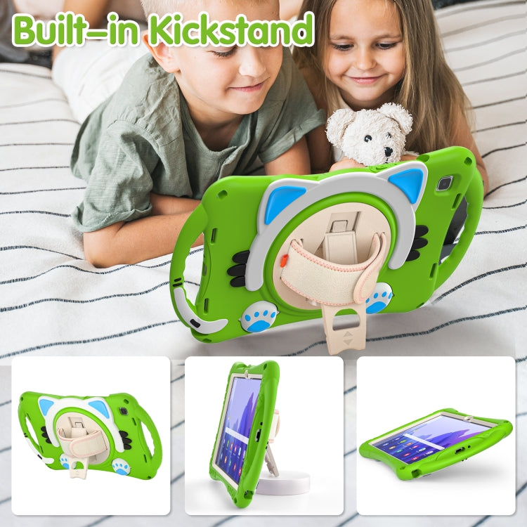 For Samsung Galaxy Tab A7 10.4 2020 SM-T500 Cute Cat King Kids Shockproof Silicone Tablet Case with Holder & Shoulder Strap & Handle(Green) - Other Galaxy Tab PC by buy2fix | Online Shopping UK | buy2fix