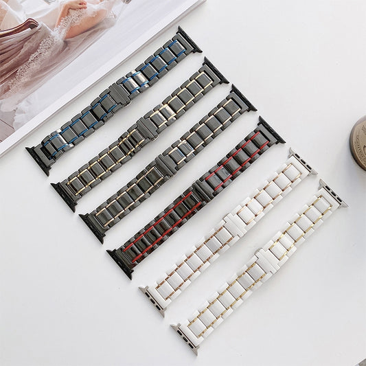 Five Beads Ceramic Steel Watch Band For Apple Watch Ultra 49mm&Watch Ultra 2 49mm / Series 9&8&7 45mm / SE 3&SE 2&6&SE&5&4 44mm / 3&2&1 42mm(Black + Red) by buy2fix