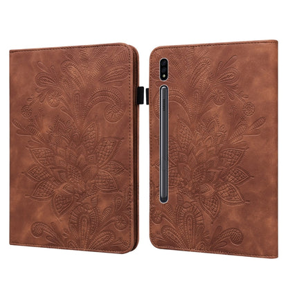 For Samsung Galaxy Tab S8 / Galaxy Tab S7 SM-T870/SM-T875/SM-T876B Lace Flower Embossing Pattern Horizontal Flip Leather Case with Holder & Card Slots & Wallet & Photo Frame(Brown) by buy2fix