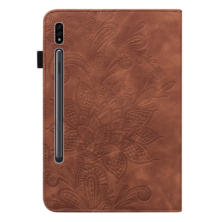 For Samsung Galaxy Tab S8 / Galaxy Tab S7 SM-T870/SM-T875/SM-T876B Lace Flower Embossing Pattern Horizontal Flip Leather Case with Holder & Card Slots & Wallet & Photo Frame(Brown) by buy2fix