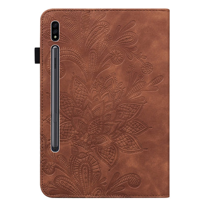 For Samsung Galaxy Tab S8 / Galaxy Tab S7 SM-T870/SM-T875/SM-T876B Lace Flower Embossing Pattern Horizontal Flip Leather Case with Holder & Card Slots & Wallet & Photo Frame(Brown) by buy2fix