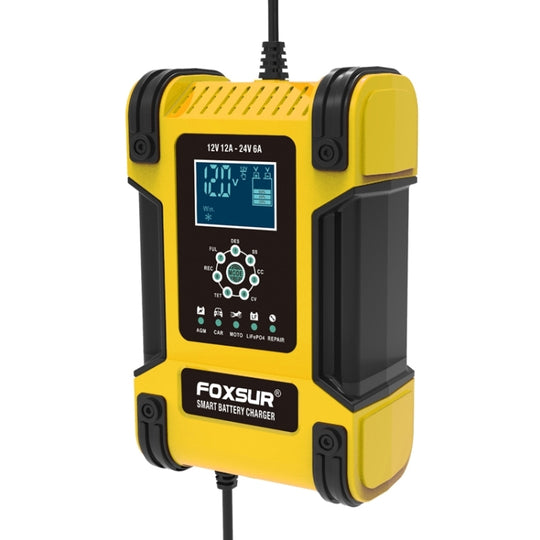 FOXSUR 12A / 12V / 24V Auto / Motorrad 7-stufiges AGM-Ladegerät für Blei-Säure-Batterien, Steckertyp: US-Stecker (Gelb)