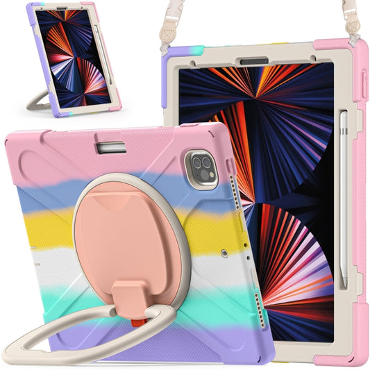 For iPad Pro 12.9 2022 / 2021 Silicone + PC Protective Tablet Case with Holder & Shoulder Strap(Colorful Pink) - iPad Pro 12.9 (2022/2021) Cases by buy2fix | Online Shopping UK | buy2fix
