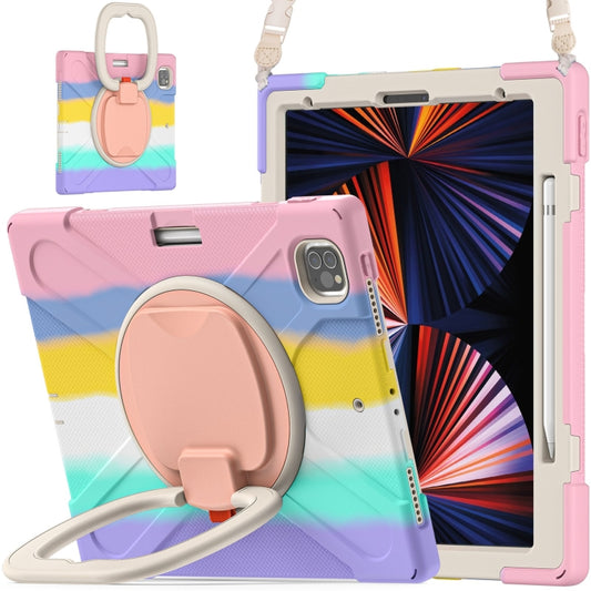 For iPad Pro 12.9 2022 / 2021 Silicone + PC Protective Tablet Case with Holder & Shoulder Strap(Colorful Pink) - iPad Pro 12.9 (2022/2021) Cases by buy2fix | Online Shopping UK | buy2fix
