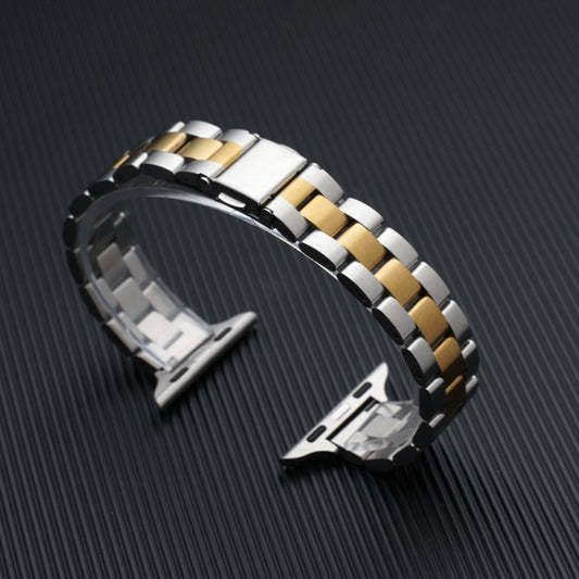 Three-beads Steel Watch Band For Apple Watch Series 9&8&7 41mm / SE 3&SE 2&6&SE&5&4 40mm / 3&2&1 38mm (Gold + Gold) by buy2fix