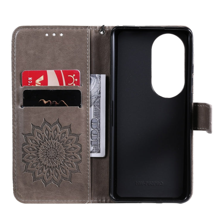 For Huawei P50 Pro Sun Embossing Pattern Horizontal Flip Leather Case with Card Slot & Holder & Wallet & Lanyard(Grey) - Huawei Cases by buy2fix | Online Shopping UK | buy2fix