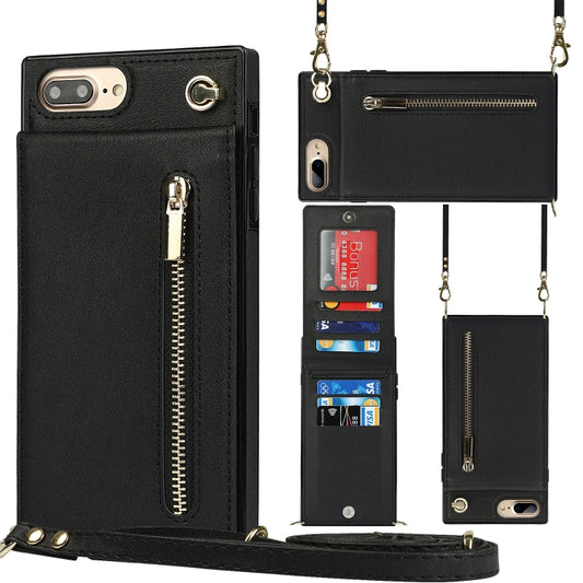 Cross-body Zipper Square TPU+PU Back Cover Case with Holder & Card Slots & Wallet & Strap For iPhone 8 Plus / 7 Plus(Black) - More iPhone Cases by buy2fix | Online Shopping UK | buy2fix