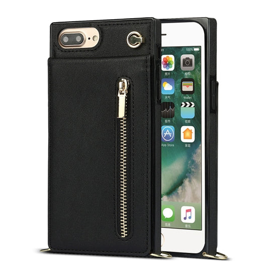 Cross-body Zipper Square TPU+PU Back Cover Case with Holder & Card Slots & Wallet & Strap For iPhone 8 Plus / 7 Plus(Black) - More iPhone Cases by buy2fix | Online Shopping UK | buy2fix