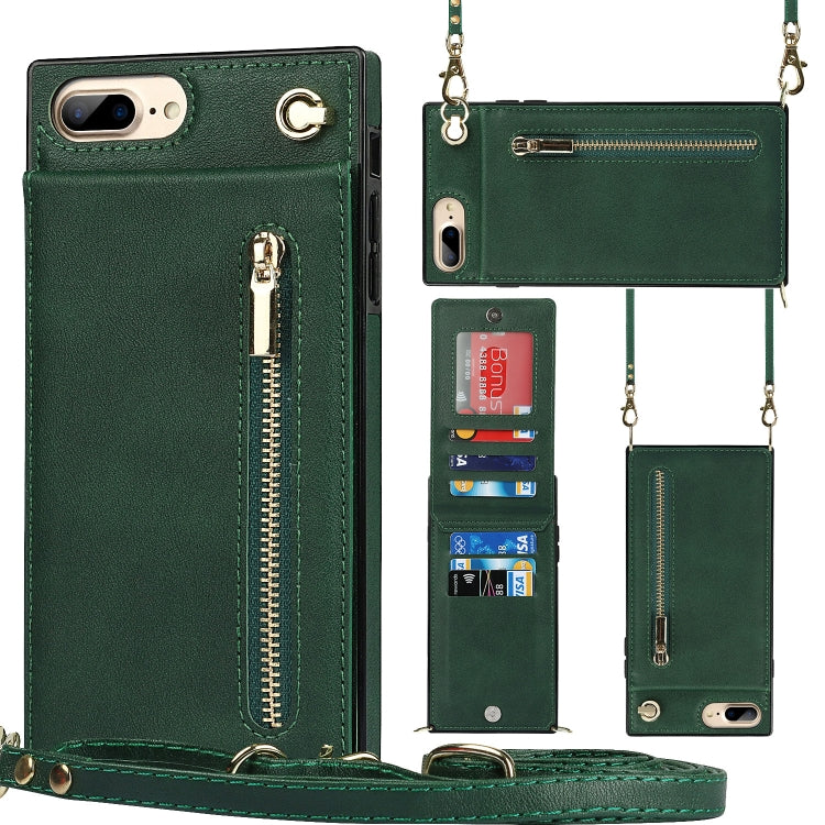 Cross-body Zipper Square TPU+PU Back Cover Case with Holder & Card Slots & Wallet & Strap For iPhone 8 Plus / 7 Plus(Green) - More iPhone Cases by buy2fix | Online Shopping UK | buy2fix