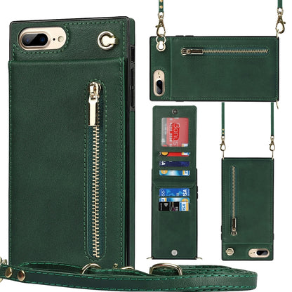 Cross-body Zipper Square TPU+PU Back Cover Case with Holder & Card Slots & Wallet & Strap For iPhone 8 Plus / 7 Plus(Green) - More iPhone Cases by buy2fix | Online Shopping UK | buy2fix