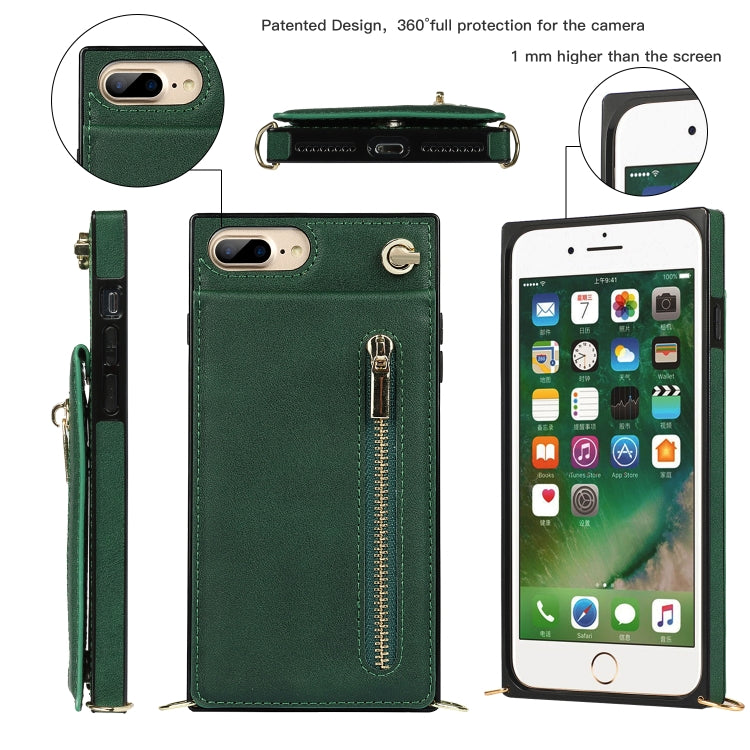 Cross-body Zipper Square TPU+PU Back Cover Case with Holder & Card Slots & Wallet & Strap For iPhone 8 Plus / 7 Plus(Green) - More iPhone Cases by buy2fix | Online Shopping UK | buy2fix