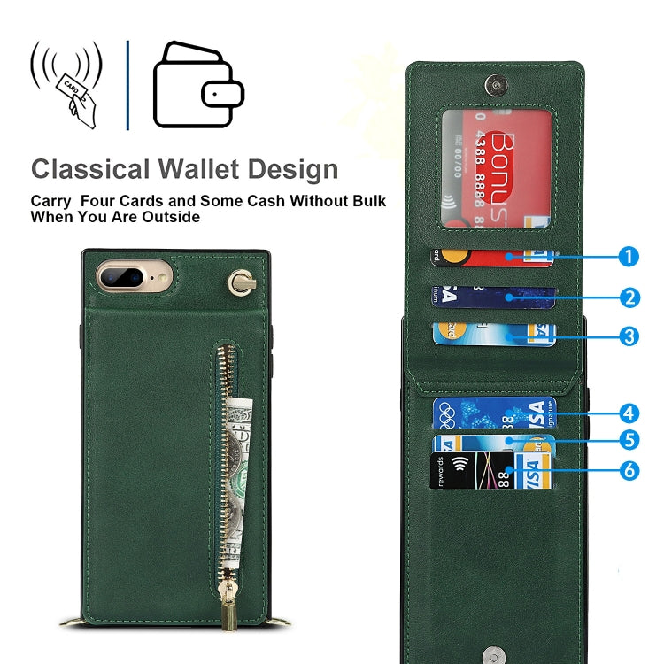 Cross-body Zipper Square TPU+PU Back Cover Case with Holder & Card Slots & Wallet & Strap For iPhone 8 Plus / 7 Plus(Green) - More iPhone Cases by buy2fix | Online Shopping UK | buy2fix