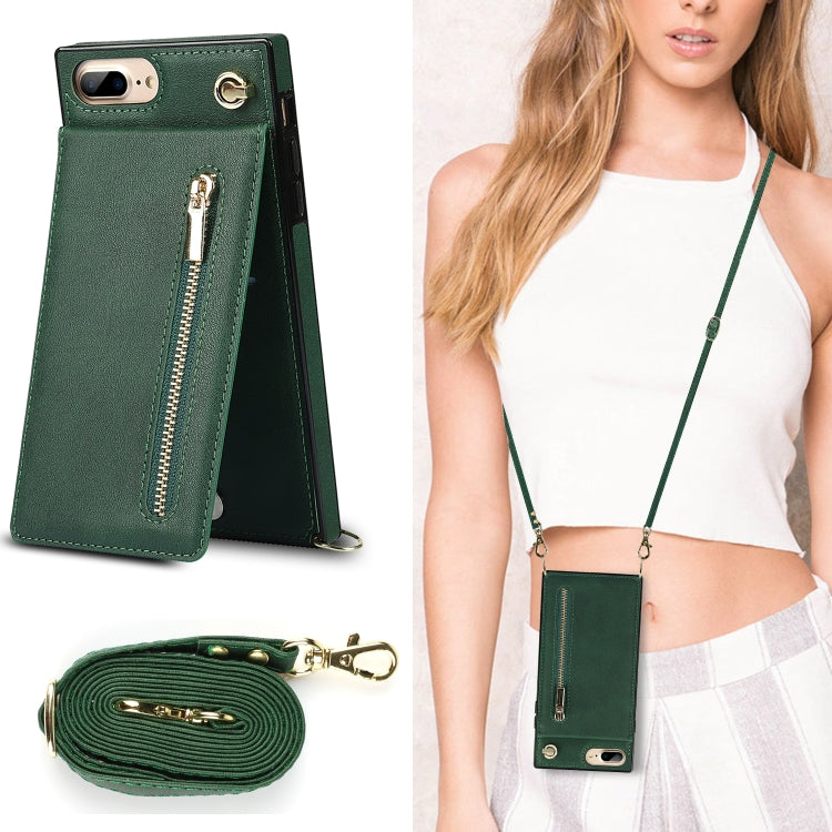 Cross-body Zipper Square TPU+PU Back Cover Case with Holder & Card Slots & Wallet & Strap For iPhone 8 Plus / 7 Plus(Green) - More iPhone Cases by buy2fix | Online Shopping UK | buy2fix