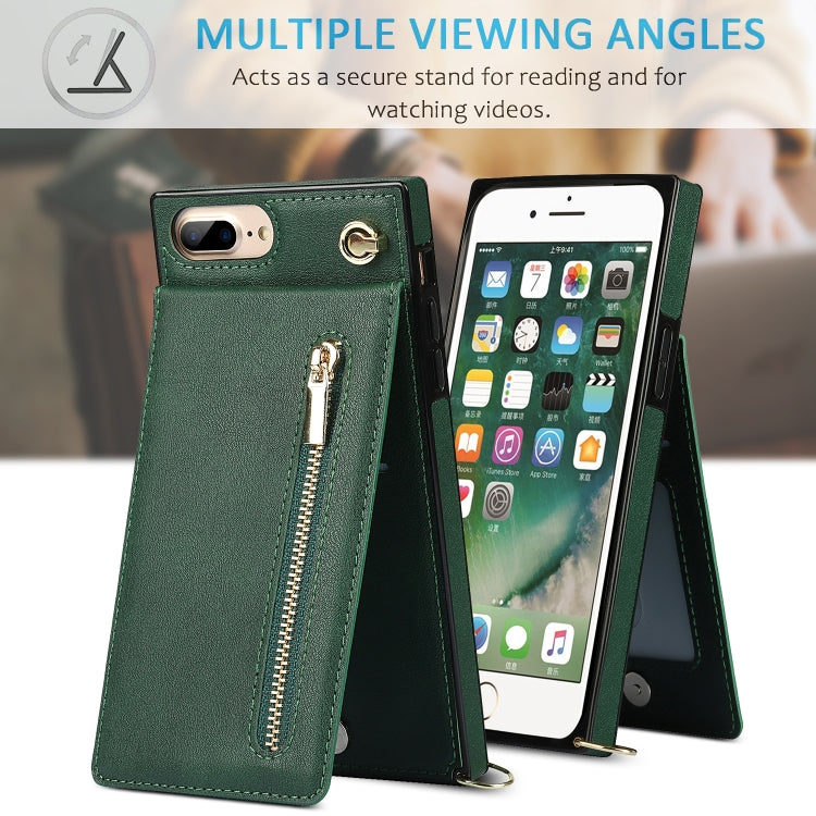 Cross-body Zipper Square TPU+PU Back Cover Case with Holder & Card Slots & Wallet & Strap For iPhone 8 Plus / 7 Plus(Green) - More iPhone Cases by buy2fix | Online Shopping UK | buy2fix