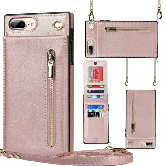 Cross-body Zipper Square TPU+PU Back Cover Case with Holder & Card Slots & Wallet & Strap For iPhone 8 Plus / 7 Plus(Rose Gold) by buy2fix