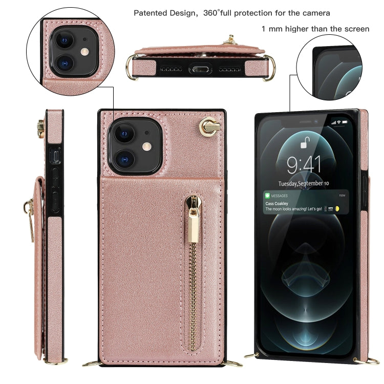 For iPhone 11 Cross-body Zipper Square TPU+PU Back Cover Case with Holder & Card Slots & Wallet & Strap (Rose Gold) - iPhone 11 Cases by buy2fix | Online Shopping UK | buy2fix