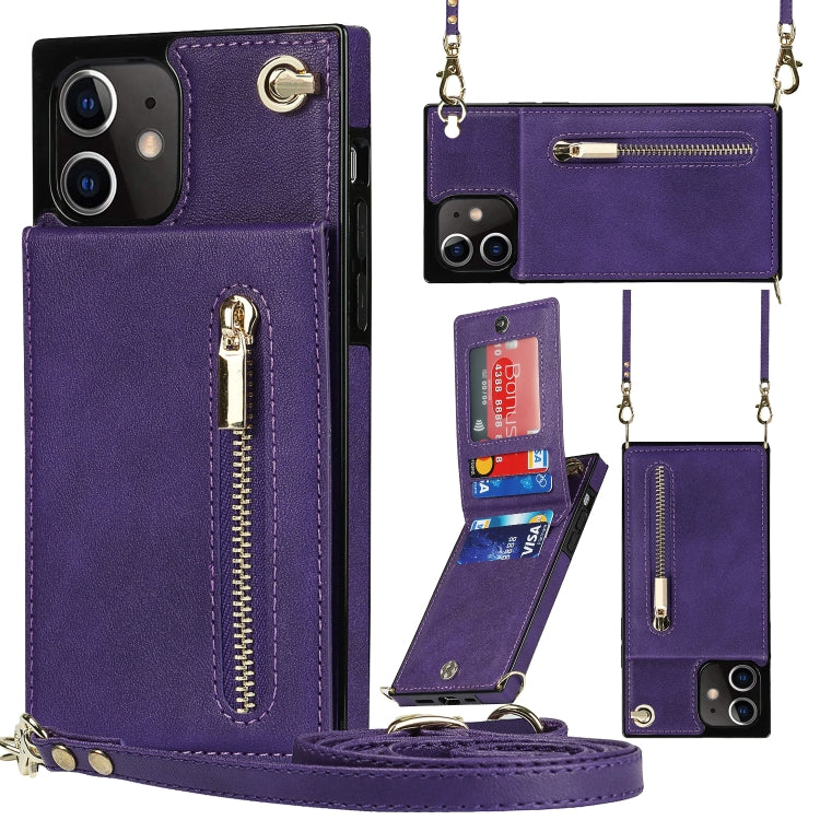 For iPhone 12 mini Cross-body Zipper Square TPU+PU Back Cover Case with Holder & Card Slots & Wallet & Strap (Purple) - iPhone 12 mini Cases by buy2fix | Online Shopping UK | buy2fix