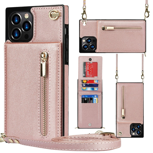 For iPhone 12 Pro Max Cross-body Zipper Square TPU+PU Back Cover Case with Holder & Card Slots & Wallet & Strap(Rose Gold) by buy2fix