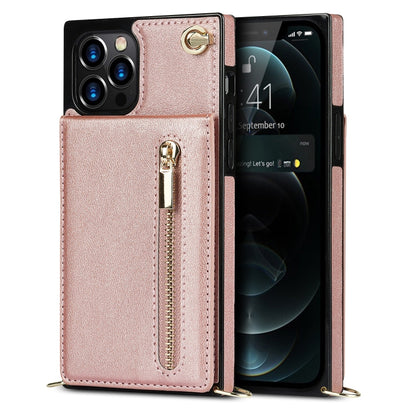 For iPhone 12 Pro Max Cross-body Zipper Square TPU+PU Back Cover Case with Holder & Card Slots & Wallet & Strap(Rose Gold) - iPhone 12 Pro Max Cases by buy2fix | Online Shopping UK | buy2fix