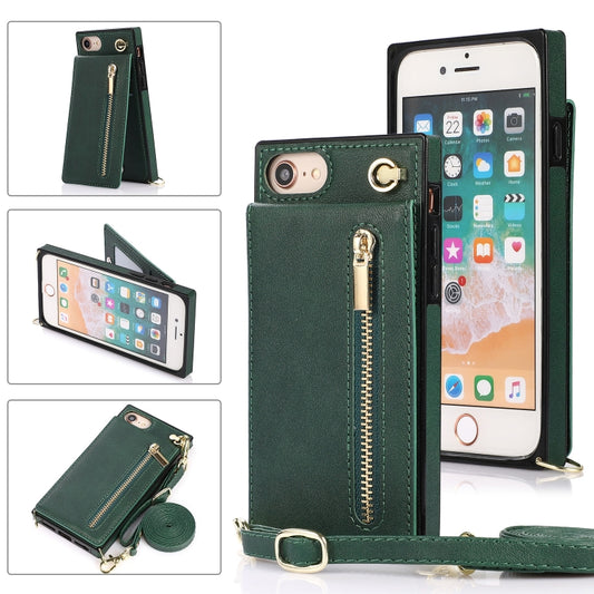 For iPhone SE 2022 / SE 2020 / 8 / 7 Cross-body Zipper Square TPU+PU Back Cover Case with Holder & Card Slots & Wallet & Strap(Green) - iPhone SE 2022 / 2020 / 8 / 7 Cases by buy2fix | Online Shopping UK | buy2fix