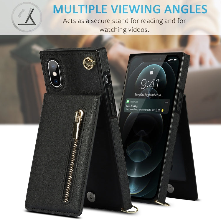For iPhone X / XS Cross-body Zipper Square TPU+PU Back Cover Case with Holder & Card Slots & Wallet & Strap(Black) - More iPhone Cases by buy2fix | Online Shopping UK | buy2fix