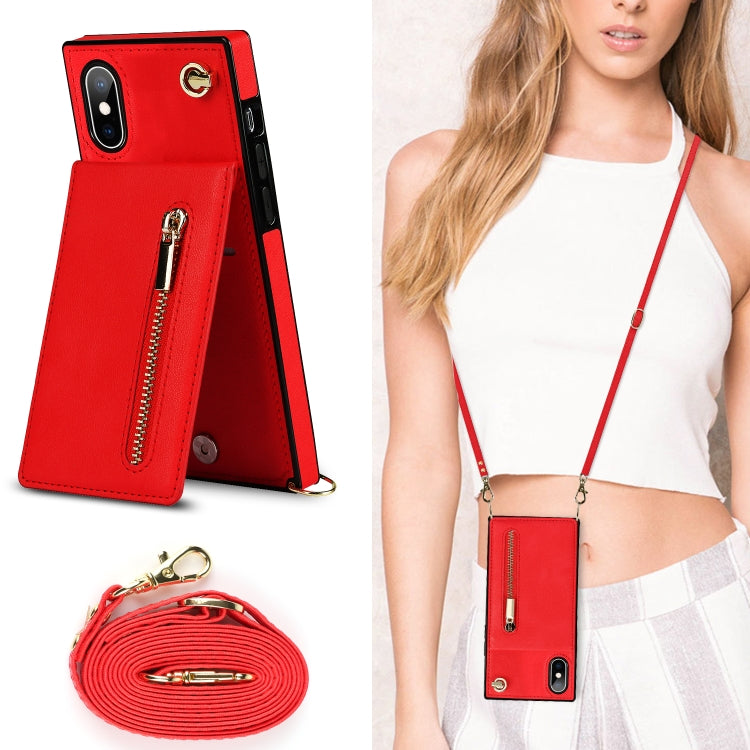 For iPhone X / XS Cross-body Zipper Square TPU+PU Back Cover Case with Holder & Card Slots & Wallet & Strap(Red) - More iPhone Cases by buy2fix | Online Shopping UK | buy2fix