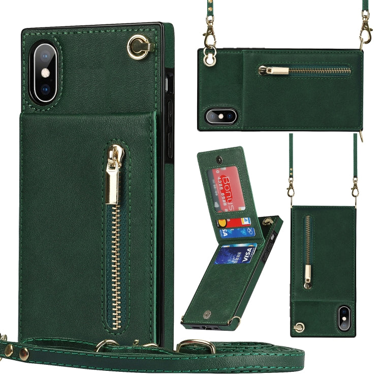 For iPhone X / XS Cross-body Zipper Square TPU+PU Back Cover Case with Holder & Card Slots & Wallet & Strap(Green) - More iPhone Cases by buy2fix | Online Shopping UK | buy2fix