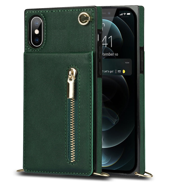 For iPhone X / XS Cross-body Zipper Square TPU+PU Back Cover Case with Holder & Card Slots & Wallet & Strap(Green) - More iPhone Cases by buy2fix | Online Shopping UK | buy2fix
