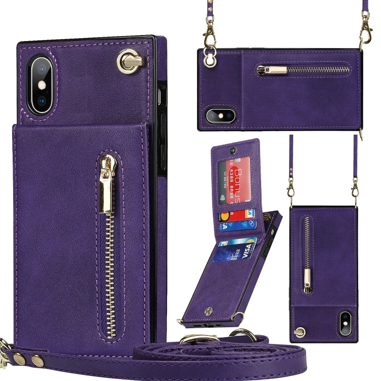 For iPhone X / XS Cross-body Zipper Square TPU+PU Back Cover Case with Holder & Card Slots & Wallet & Strap(Purple) - More iPhone Cases by buy2fix | Online Shopping UK | buy2fix