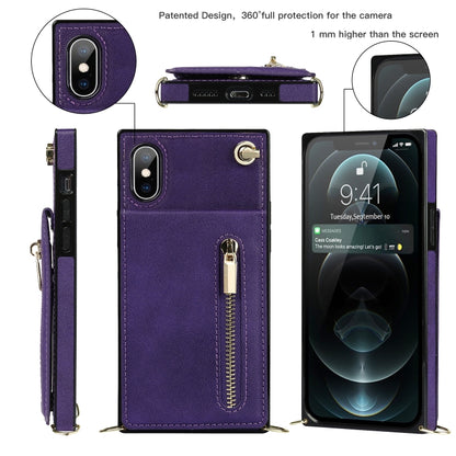 For iPhone X / XS Cross-body Zipper Square TPU+PU Back Cover Case with Holder & Card Slots & Wallet & Strap(Purple) - More iPhone Cases by buy2fix | Online Shopping UK | buy2fix