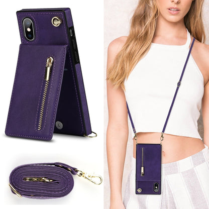 For iPhone X / XS Cross-body Zipper Square TPU+PU Back Cover Case with Holder & Card Slots & Wallet & Strap(Purple) - More iPhone Cases by buy2fix | Online Shopping UK | buy2fix