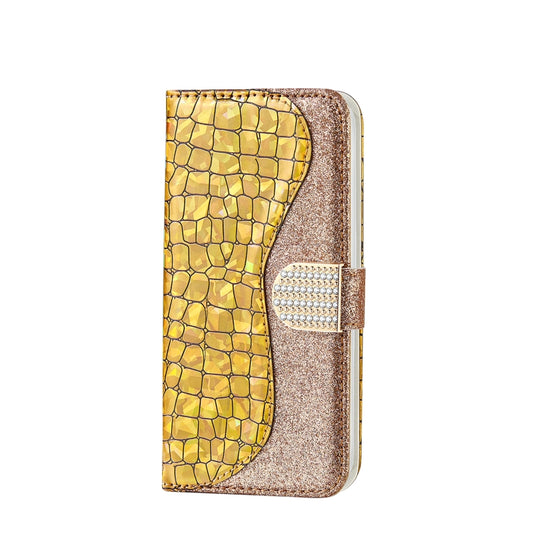 For iPhone 13 Pro Max Laser Glitter Powder Matching Crocodile Texture Horizontal Flip Leather Case with Card Slots & Holder & Wallet (Gold) by buy2fix