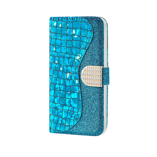 For iPhone 13 Pro Max Laser Glitter Powder Matching Crocodile Texture Horizontal Flip Leather Case with Card Slots & Holder & Wallet (Blue) by buy2fix