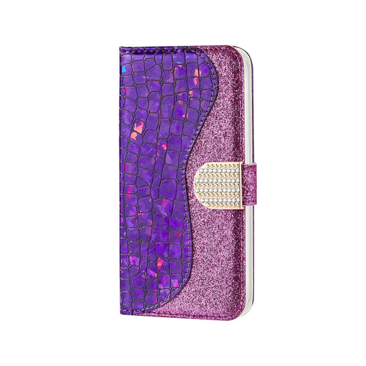 For iPhone 13 Pro Max Laser Glitter Powder Matching Crocodile Texture Horizontal Flip Leather Case with Card Slots & Holder & Wallet (Purple) by buy2fix