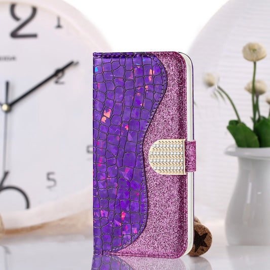 For iPhone 13 Pro Laser Glitter Powder Matching Crocodile Texture Horizontal Flip Leather Case with Card Slots & Holder & Wallet (Purple) - iPhone 13 Pro Cases by buy2fix | Online Shopping UK | buy2fix