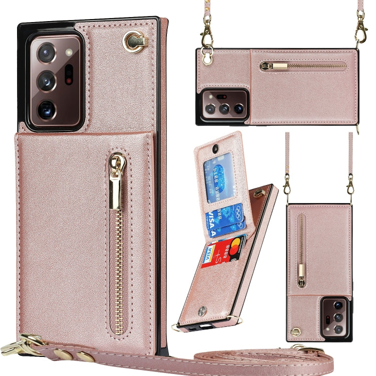 For Samsung Galaxy Note20 Ultra Cross-body Zipper Square TPU+PU Back Cover Case with Holder & Card Slots & Wallet & Strap(Rose Gold) by buy2fix