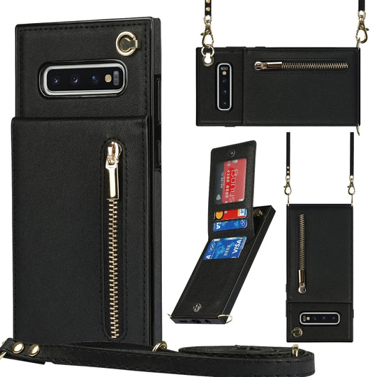 For Samsung Galaxy S10 Plus Cross-body Zipper Square TPU+PU Back Cover Case with Holder & Card Slots & Wallet & Strap(Black)