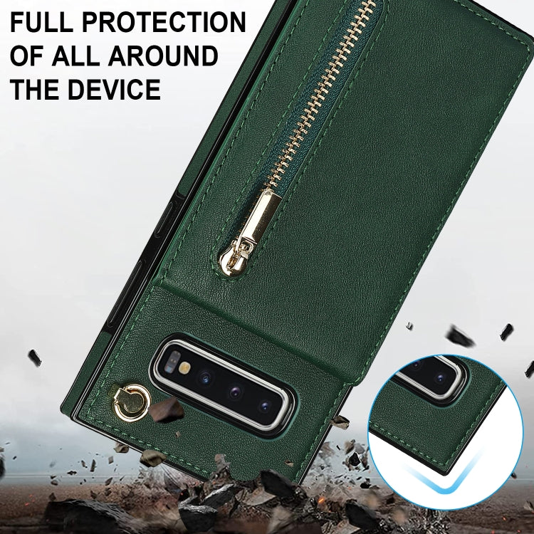 For Samsung Galaxy S10 Plus Cross-body Zipper Square TPU+PU Back Cover Case with Holder & Card Slots & Wallet & Strap(Green) - Galaxy Phone Cases by buy2fix | Online Shopping UK | buy2fix