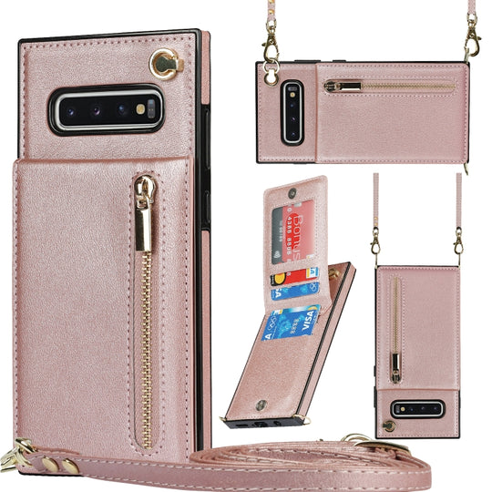 For Samsung Galaxy S10 Plus Cross-body Zipper Square TPU+PU Back Cover Case with Holder & Card Slots & Wallet & Strap(Rose Gold)