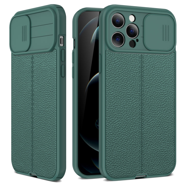 For iPhone 11 Pro Max Litchi Texture Sliding Camshield TPU Protective Case (Dark Green) by buy2fix