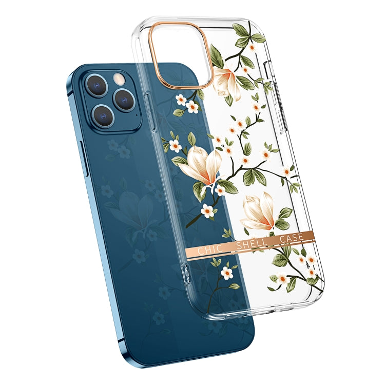 For iPhone 12 Pro Max High Translucent Electroplating Flower Pattern TPU + PC Shockproof Case(Magnolia) by buy2fix