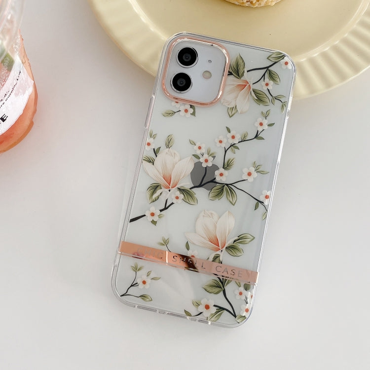 For iPhone 12 Pro Max High Translucent Electroplating Flower Pattern TPU + PC Shockproof Case(Magnolia) by buy2fix