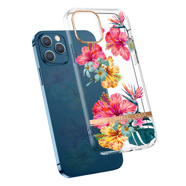 For iPhone 12 Pro Max High Translucent Electroplating Flower Pattern TPU + PC Shockproof Case(Hibiscus) by buy2fix