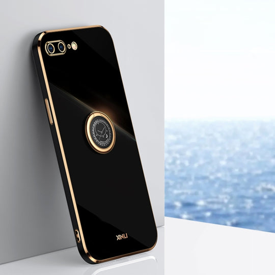 XINLI Straight Edge 6D Electroplate TPU Phone Case with Ring Holder For iPhone 8 Plus / 7 Plus(Black)