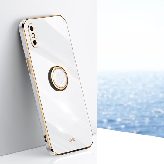 For iPhone XS Max XINLI Straight Edge 6D Electroplate TPU Phone Case with Ring Holder(White)