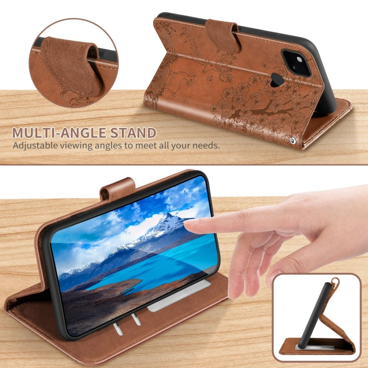 For Google Pixel 4a Sika Deer Embossing Pattern Horizontal Flip PU Leather Case with Holder & Card Slot & Wallet & Photo Frame(Brown) - Google Cases by buy2fix | Online Shopping UK | buy2fix