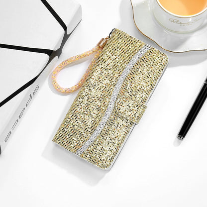 For iPhone 13 Glitter Powder Horizontal Flip Leather Case with Card Slots & Holder & Lanyard(Gold) - iPhone 13 Cases by buy2fix | Online Shopping UK | buy2fix