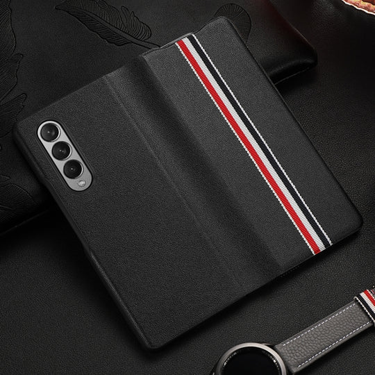 For Samsung Galaxy Z Fold3 5G Cowhide Shockproof Fold Splicing Leather Case(Black)